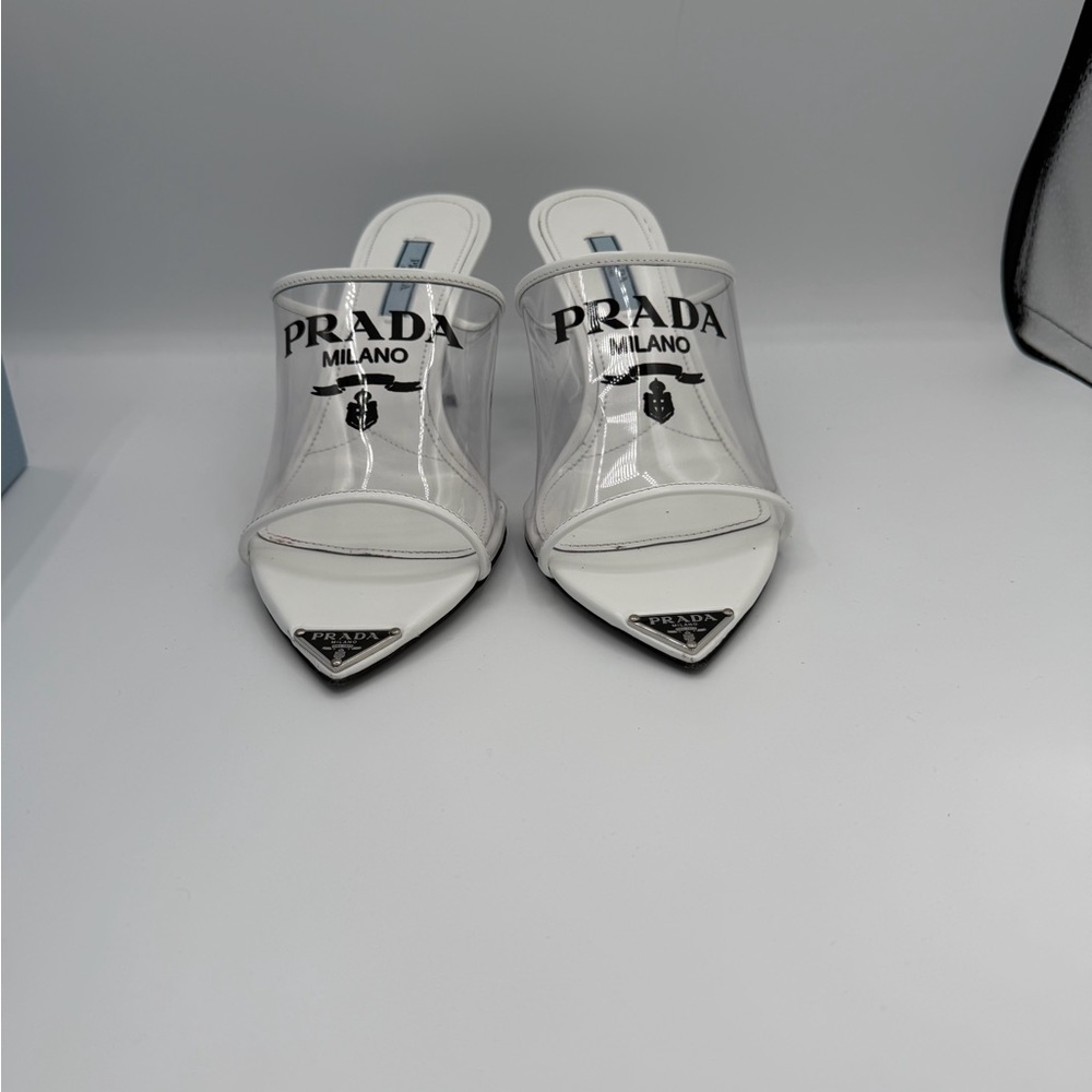 Prada Clear PVC Logo Mule Heels White Pointed Toe Size 38 Italy - Picture 7 of 9
